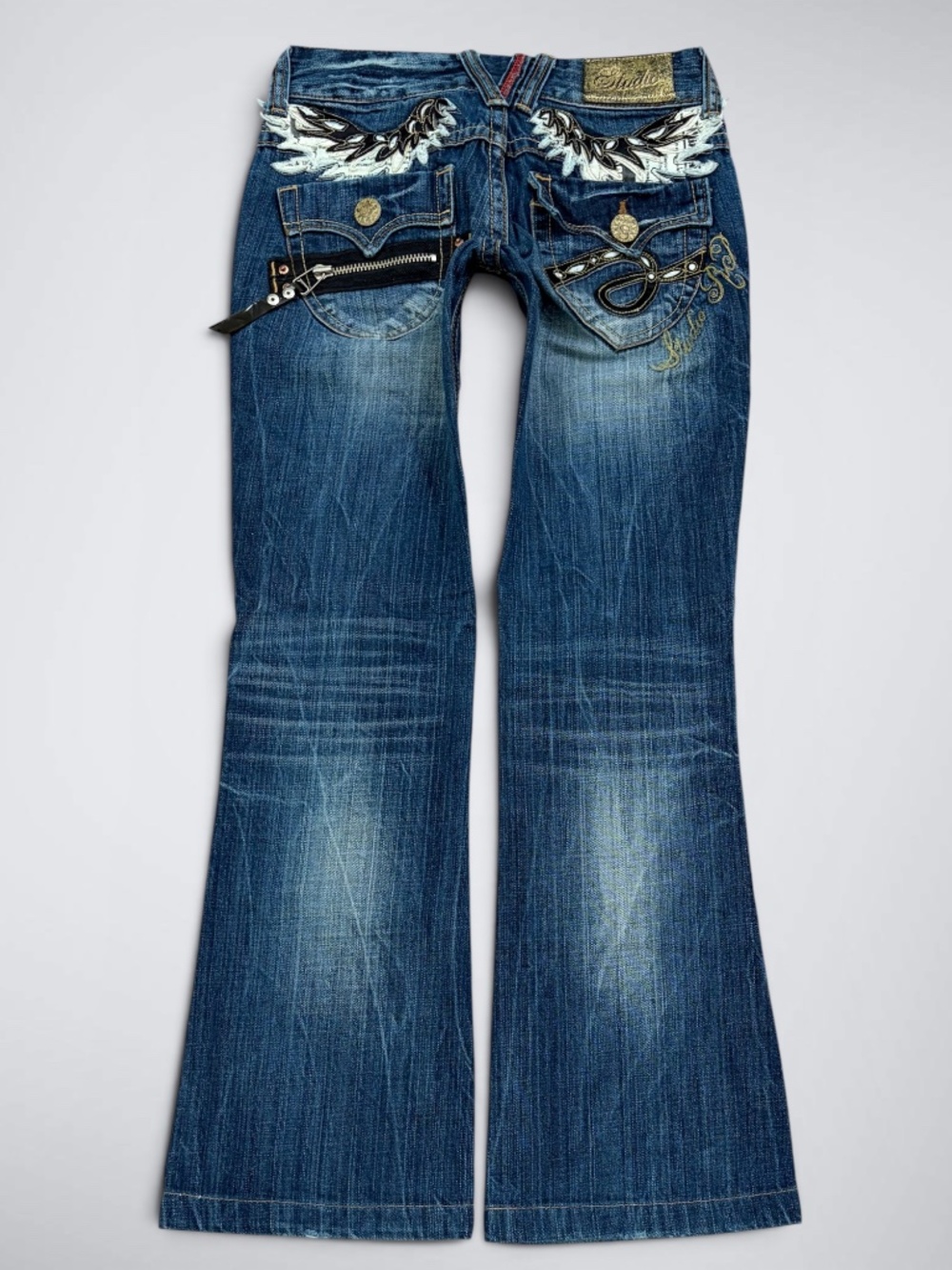 RARE Archival Studio Red Pepper Angel Wing Embroidery Flared Jeans Y2K Cyber Low
